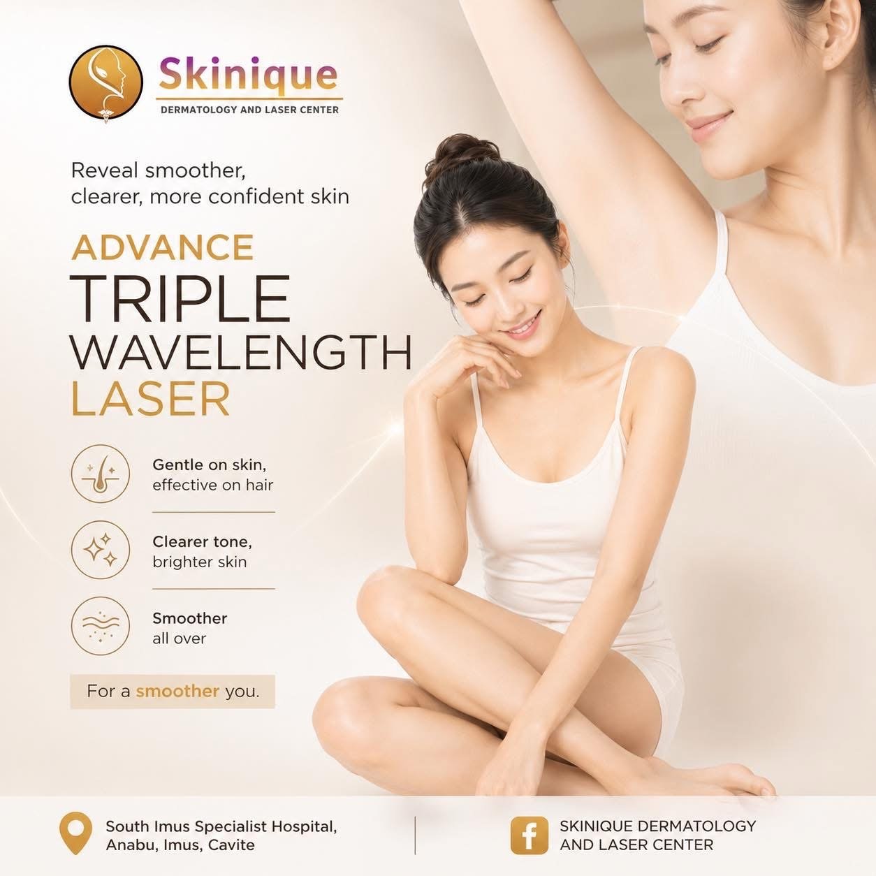Advance Triple Wavelength Laser poster: gentle on skin, effective on hair, for clearer tone and smoother skin